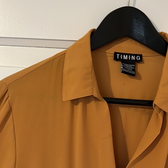 Ochre Yellow Mini Dress with v-neck, collar, elasticized waist with tie - Picture 4 of 5